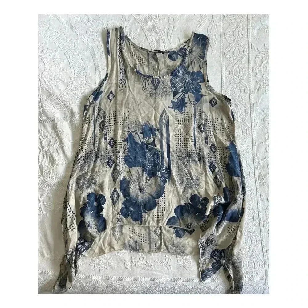 Lagenlook Bella Amore Italy Tunic Top Blue Beige Floral Hankie Hem Layering Sz S - Picture 8 of 10